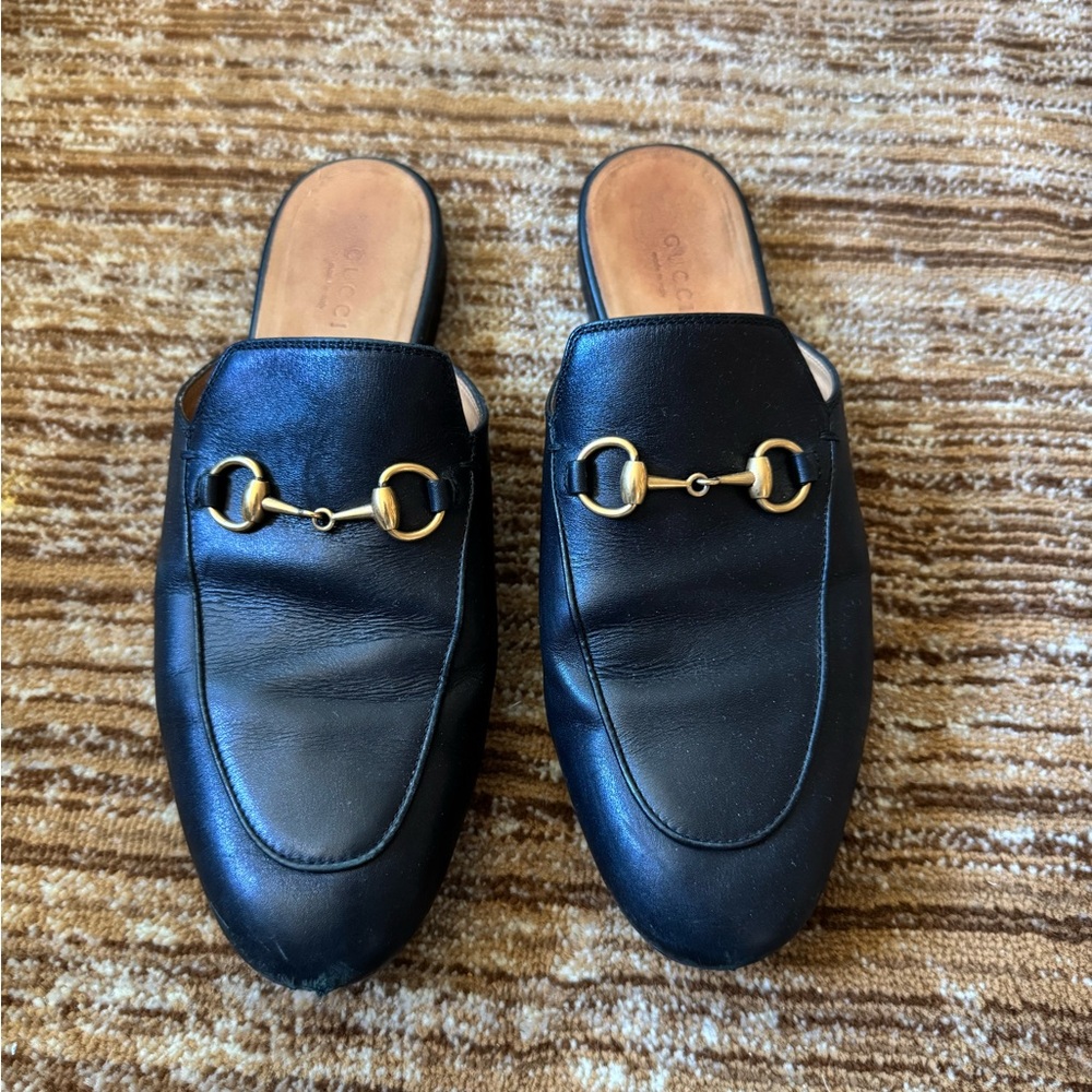 Gucci Black Leather Mules with Gold Detail